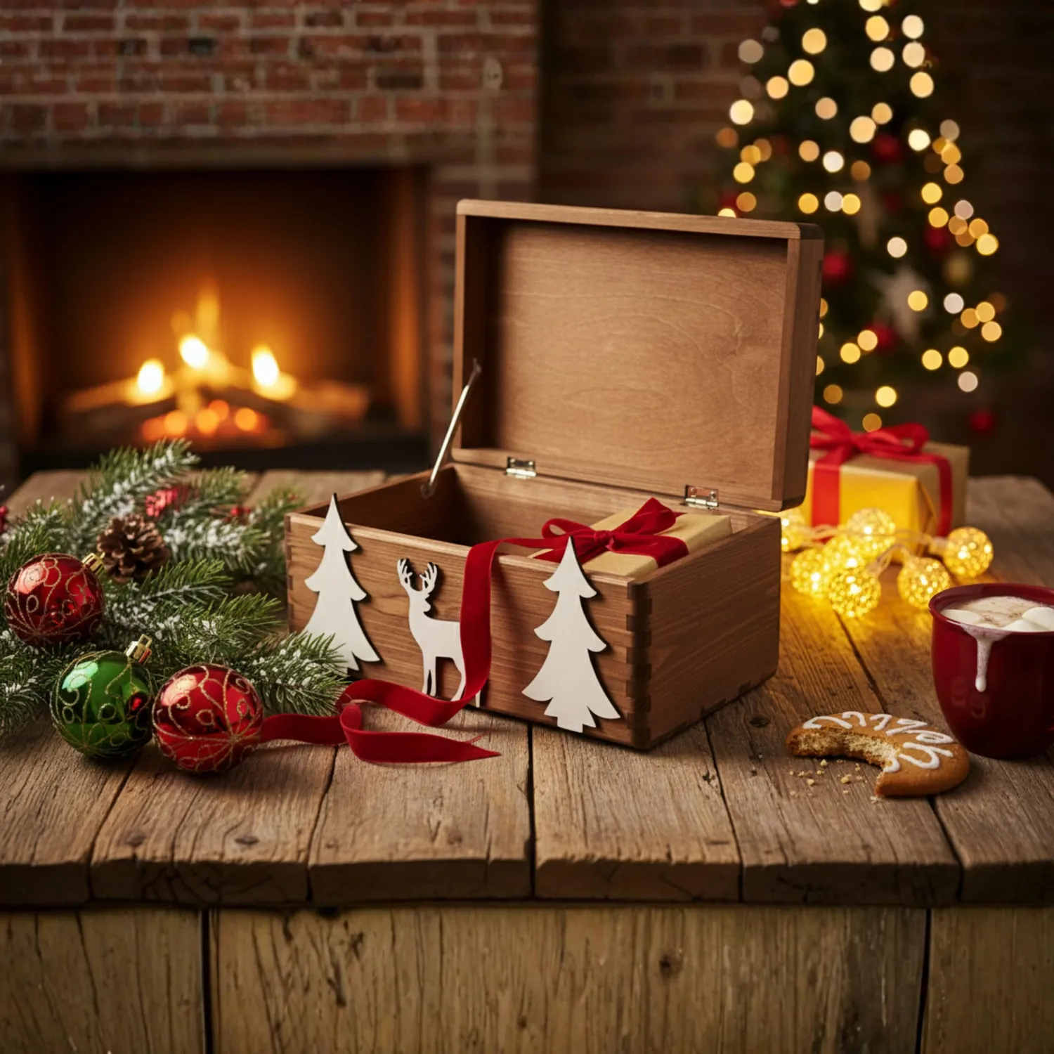 GoodFreshDecor Holzbox Weihnachten 30x20x14 cm Tanne Rentier braun