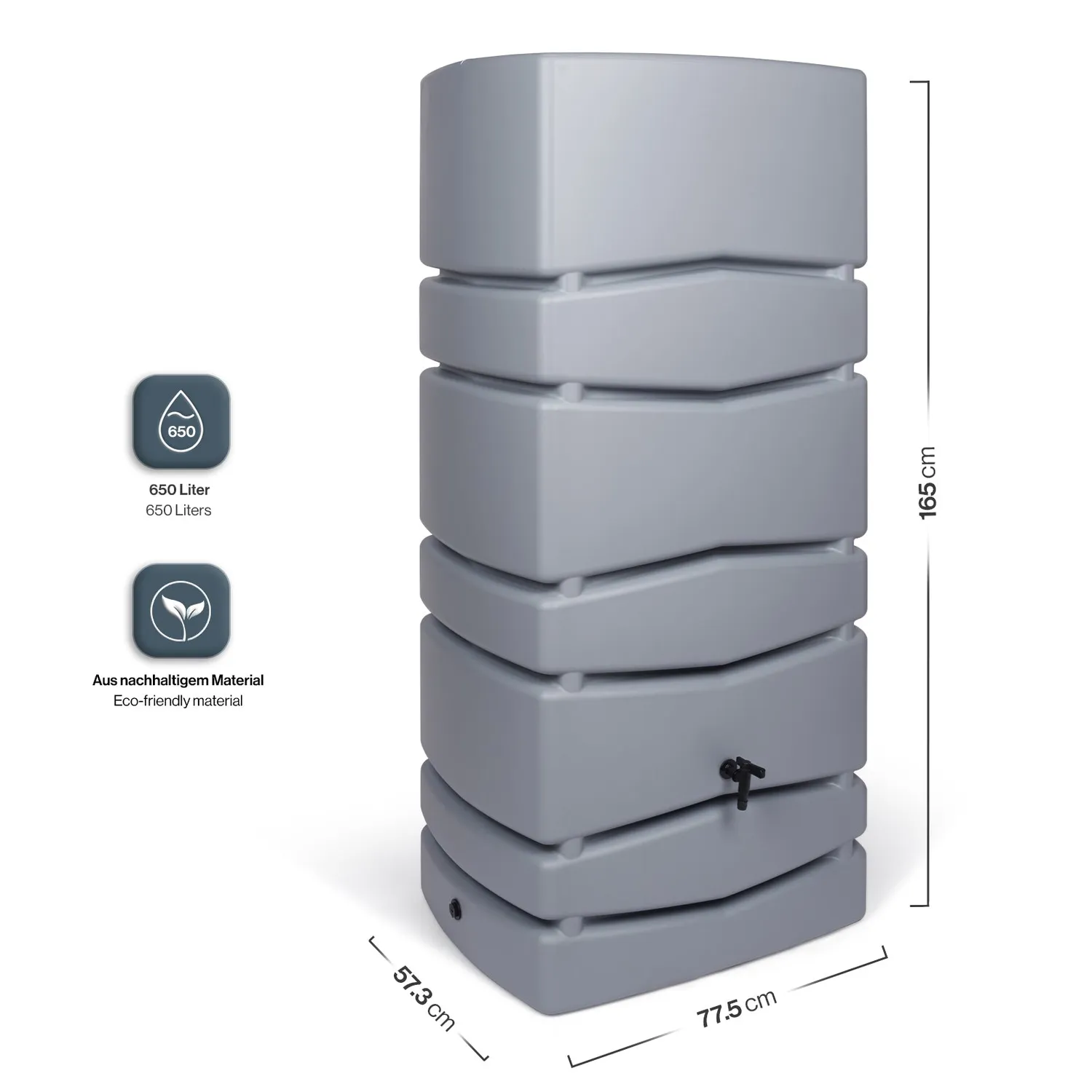 Kreher Aqua Tower Wassertank 650 Liter Grau glatt Hahn