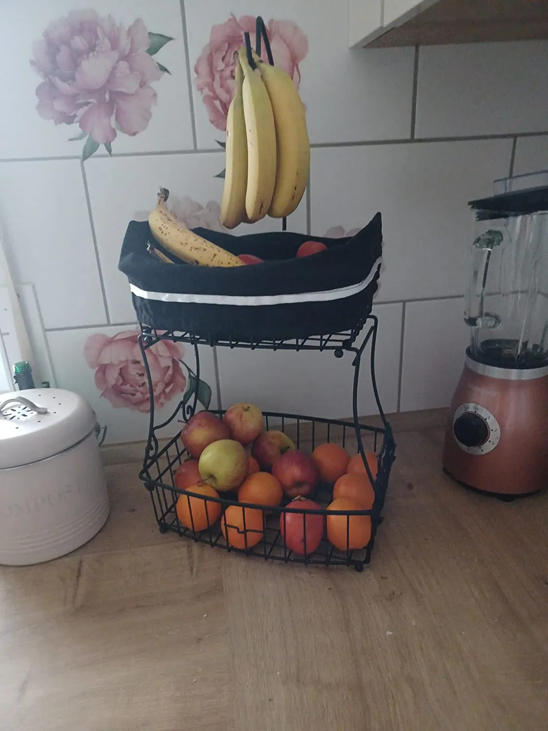 BOMCLAP Obstkorb Metall 2-stöckig schwarz mit Bananenhalter