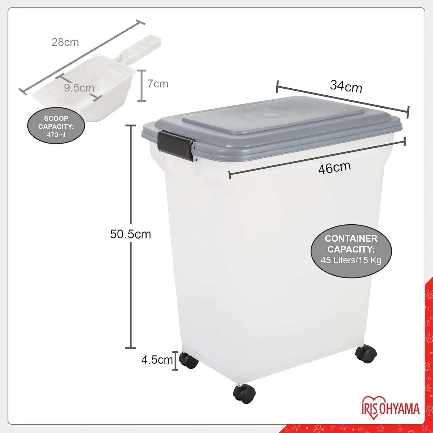 Iris Ohyama ATS-L Futterbox 45 L grau luftdicht mit Schaufel