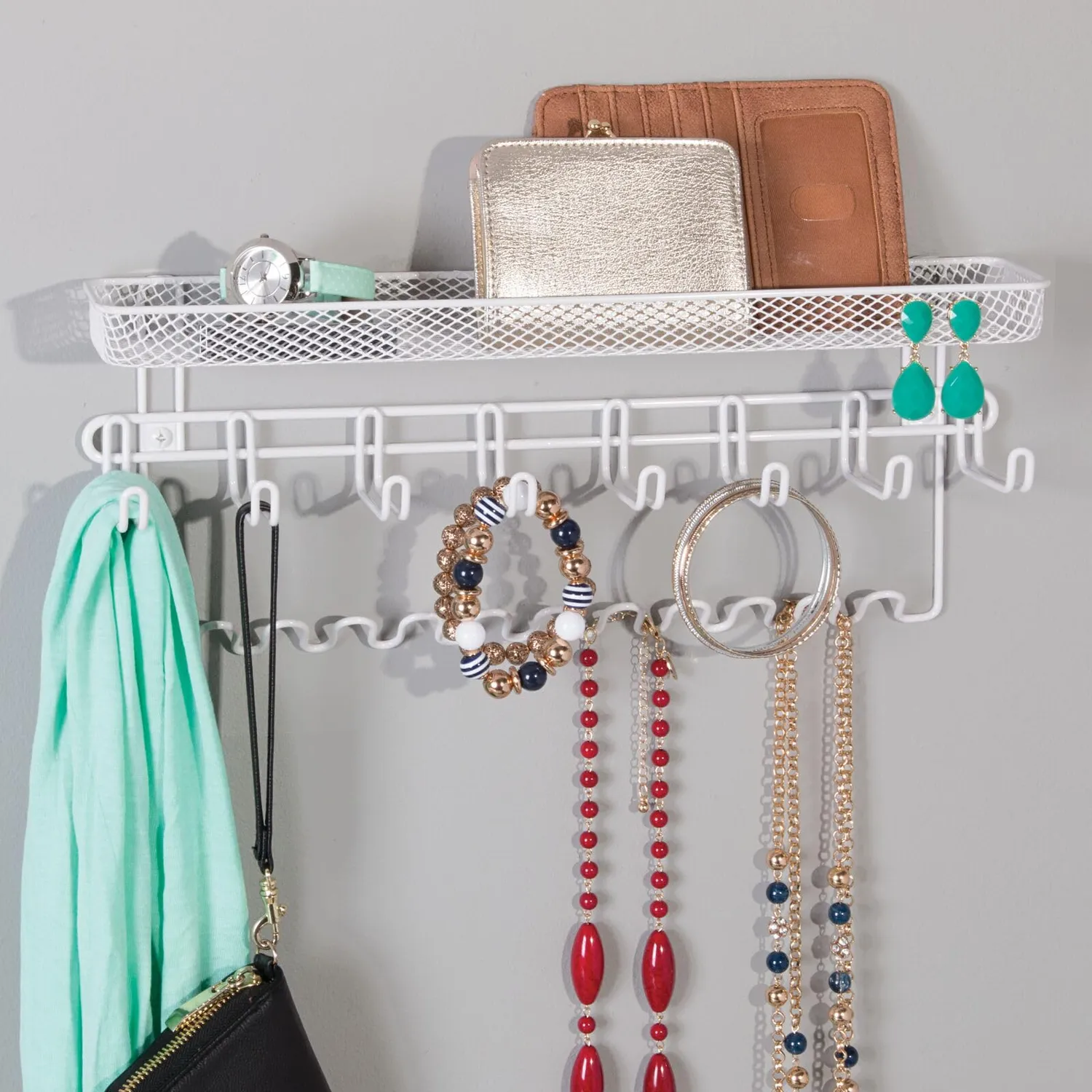 mDesign Schmuck Organizer Wandgarderobe weiß 19 Haken Ablage