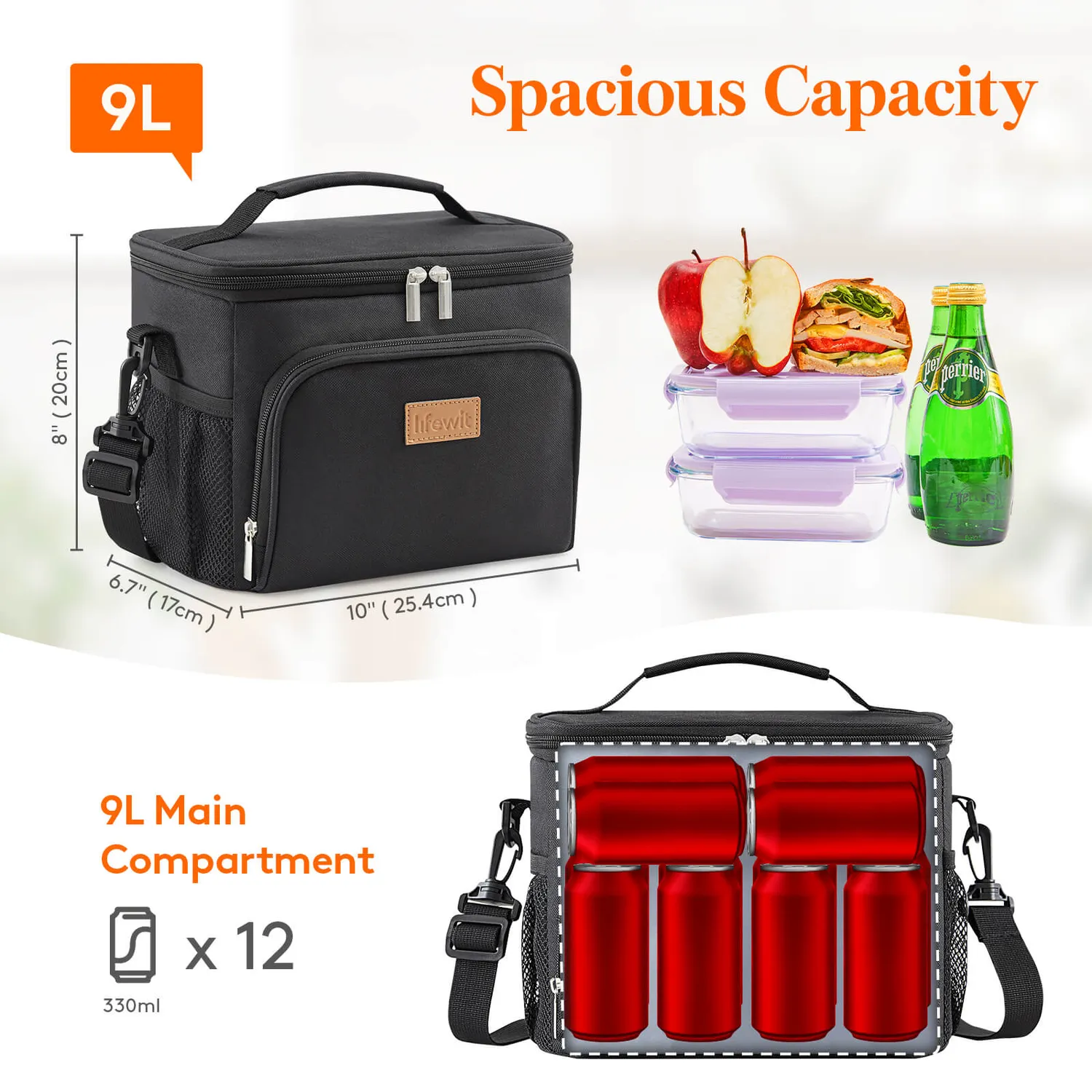 Lifewit Kühltasche Isoliert Schwarz für 12 Dosen Lunchbag
