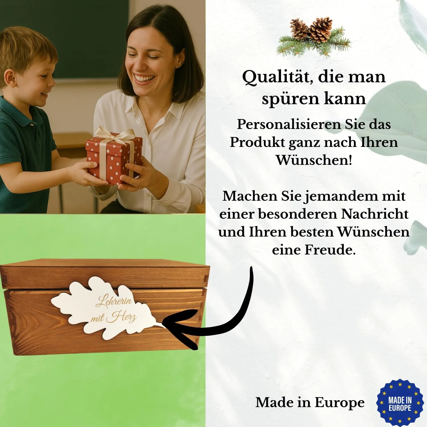 GoodFreshDecor Holzbox mit Deckel 30x20x14 cm Wunschtext braun