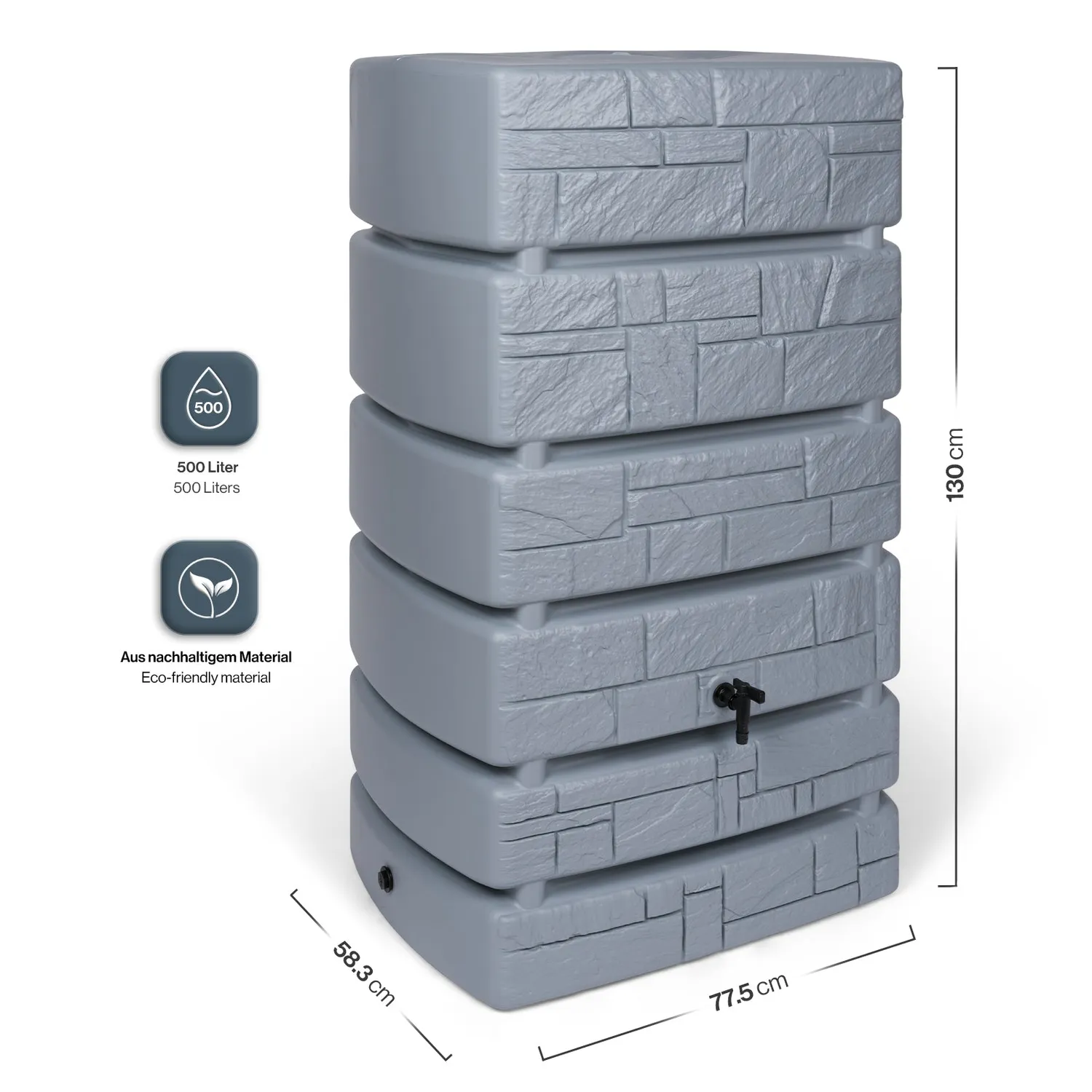 Kreher Tower Stone Wassertank 500 Liter Grau mit Hahn Steinoptik