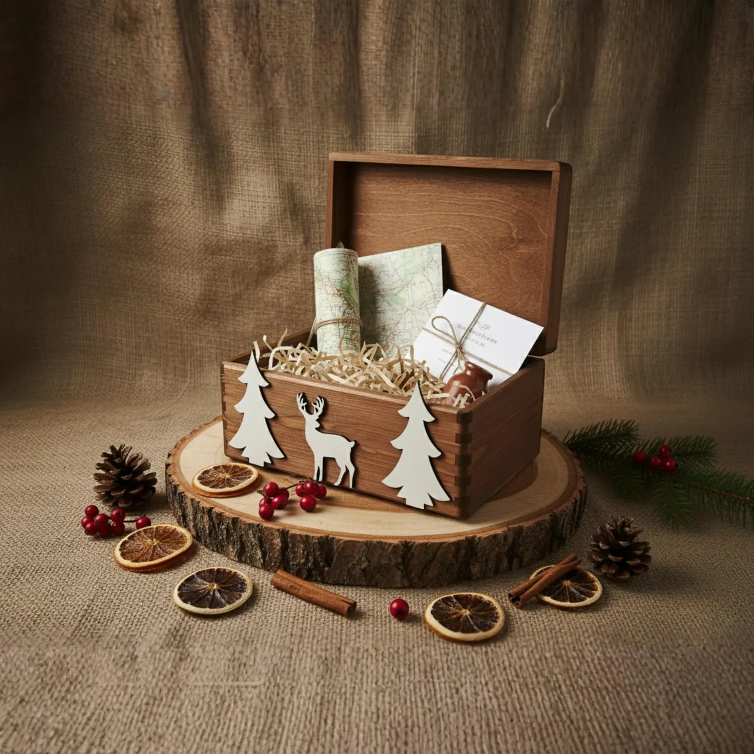 GoodFreshDecor Holzbox Weihnachten 30x20x14 cm Tanne Rentier braun