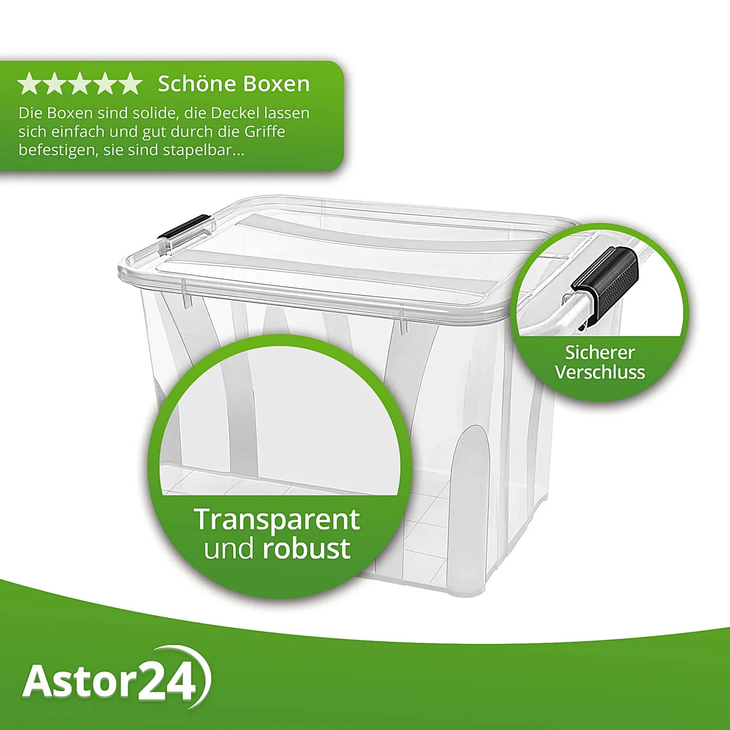 astor24 Aufbewahrungsbox 55L 3er-Set transparent Deckel