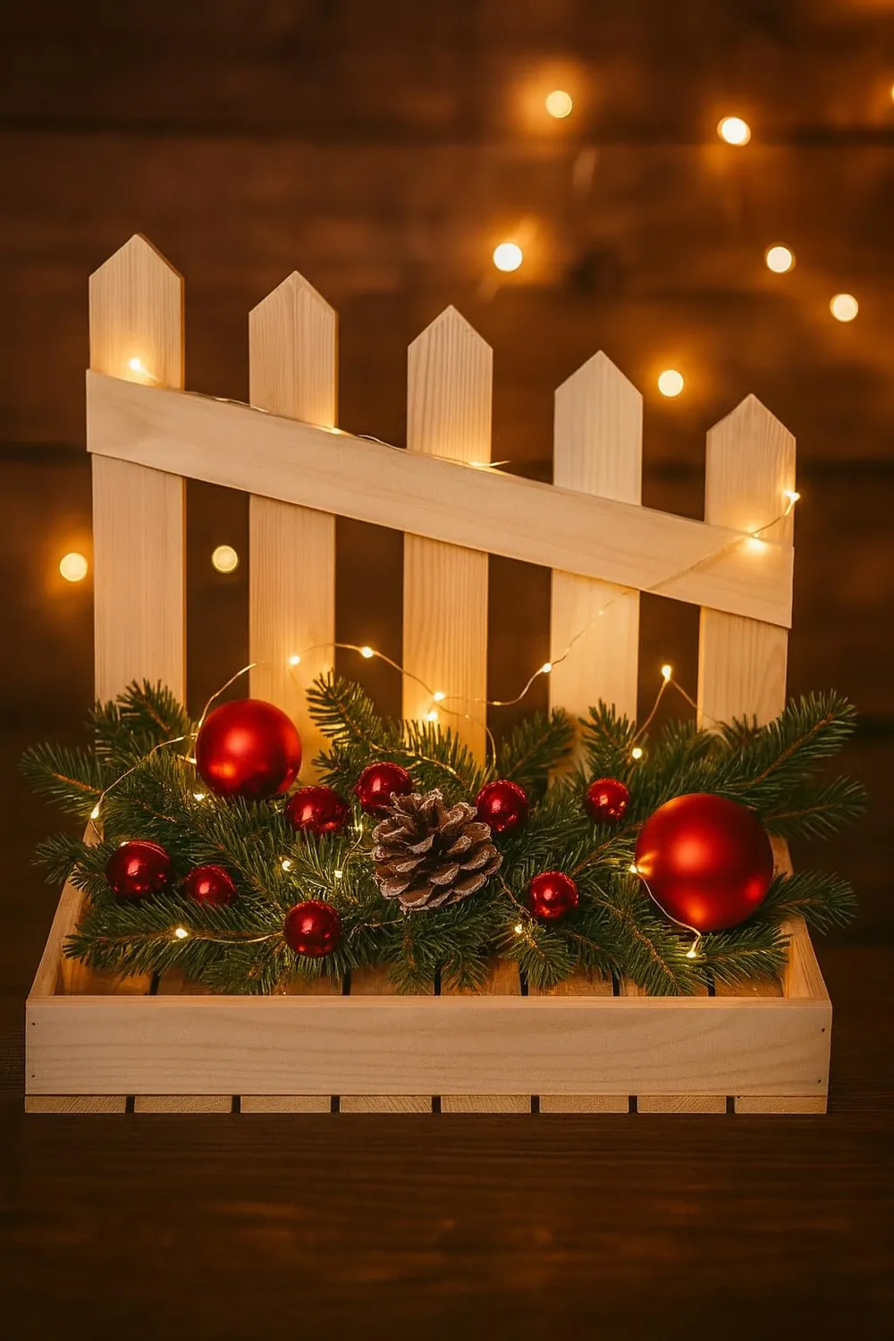 GoodFreshDecor Holzkiste Weihnachten 40x26x35 Natur mit Zaun