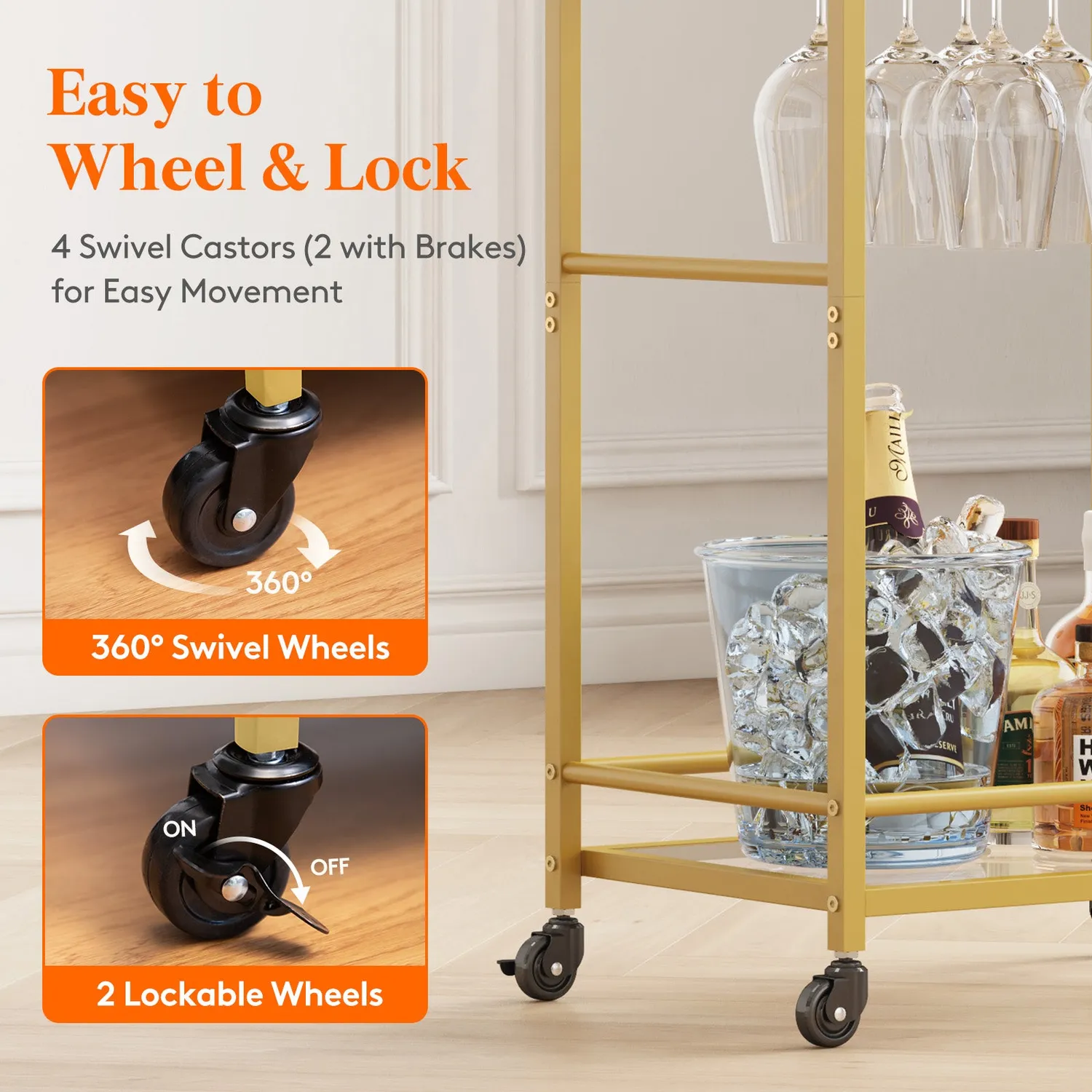Lifewit Servierwagen Gold 2 Etagen Glas 43x30cm