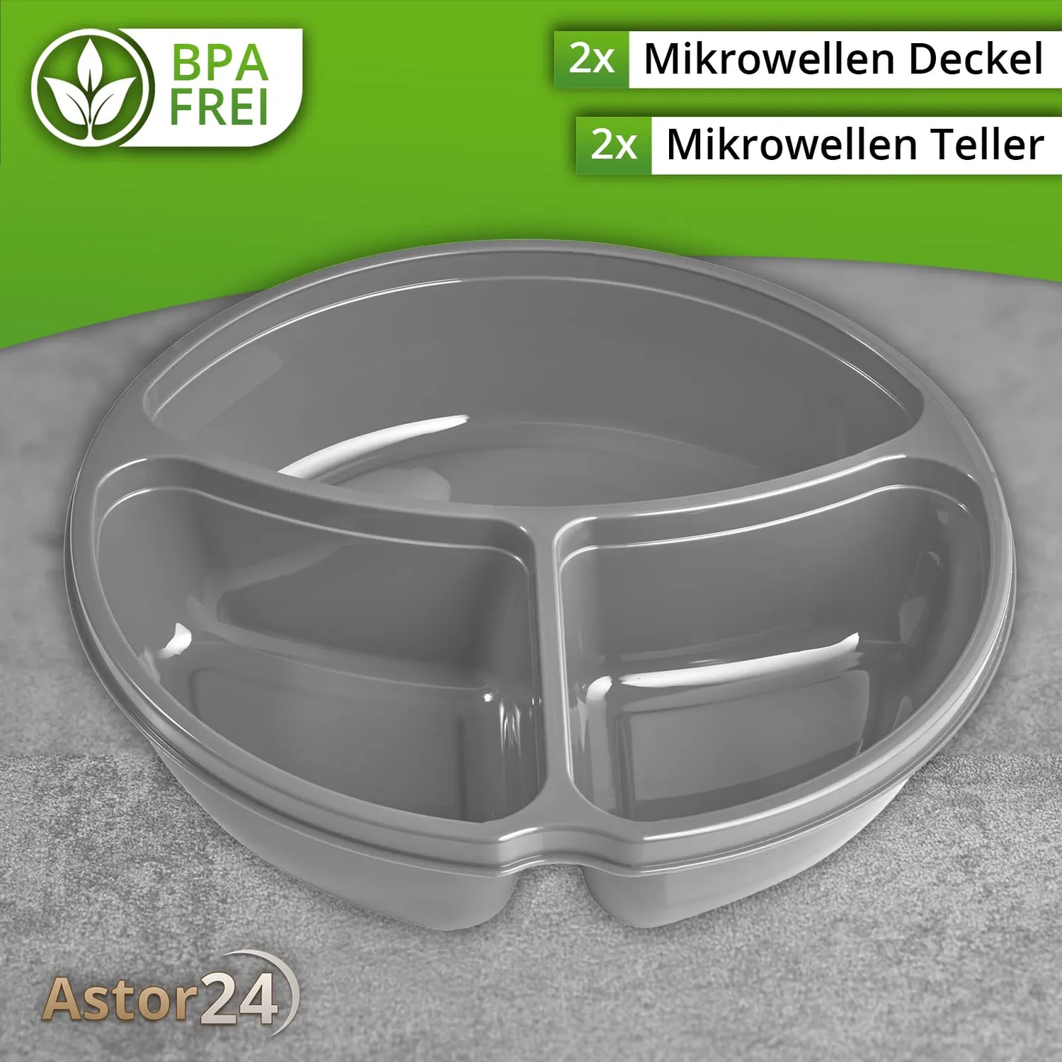 astor24 Mikrowellenteller 2er-Set 21cm 3-Fächer mit Deckel