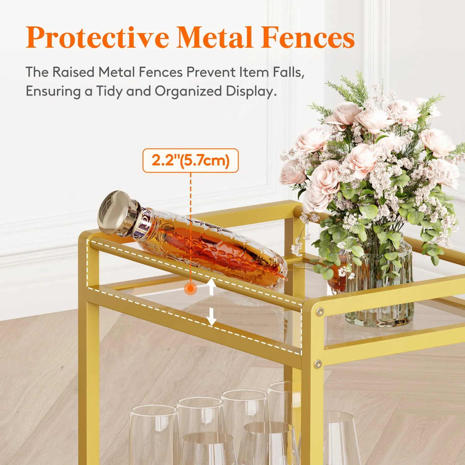 Lifewit Servierwagen Gold Glas 3-stöckig mit Rollen