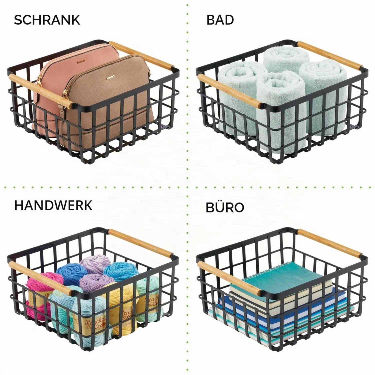 mDesign Drahtkorb 2er-Set mattschwarz mit Bambusgriffen