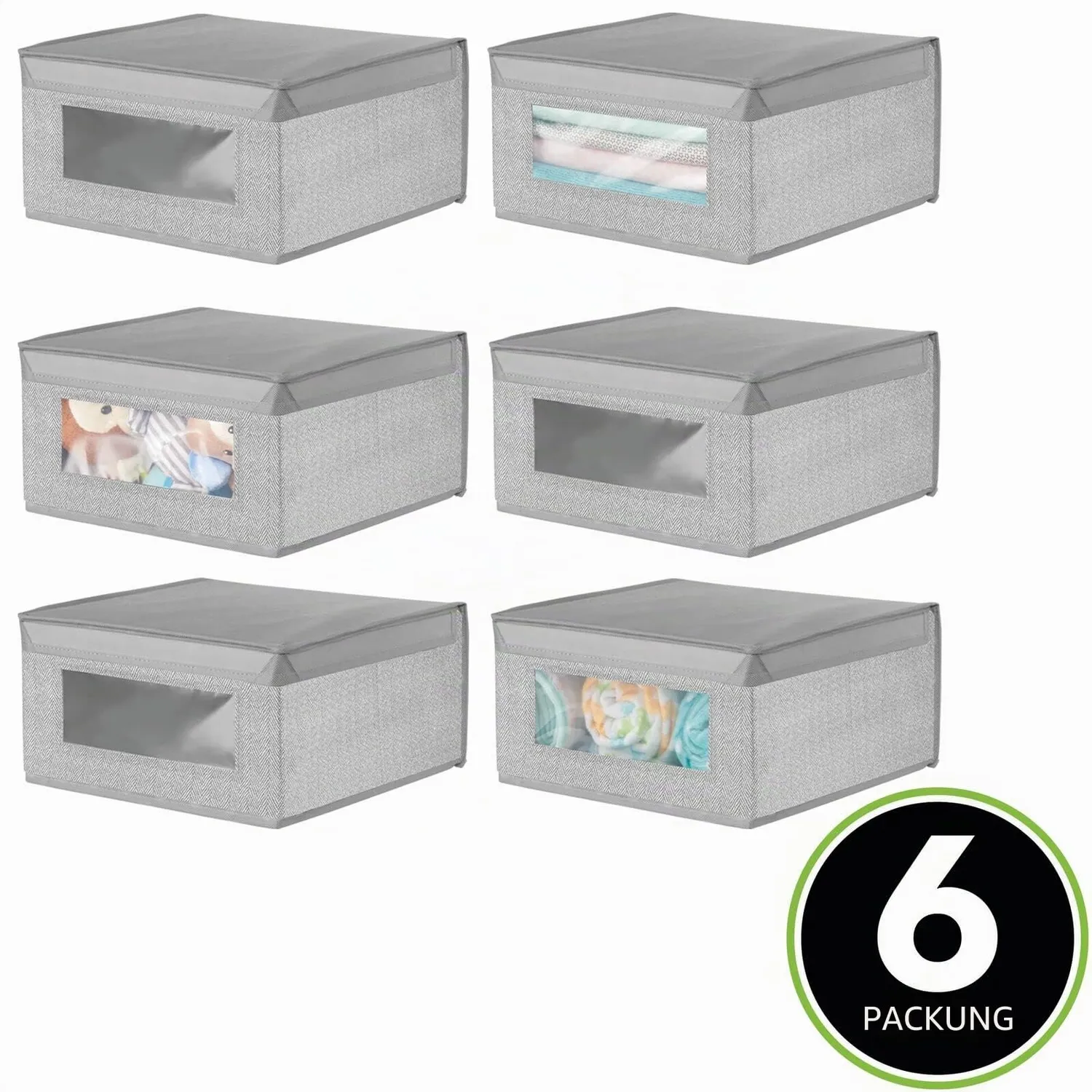 mDesign 6er-Set Stoffbox grau Fischgrät mit Deckel
