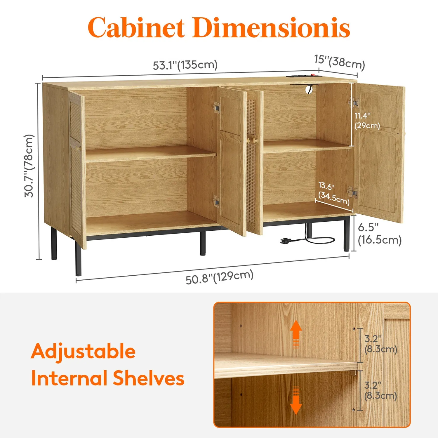 Lifewit Rattan Sideboard 4 Türen Natur mit Steckdose
