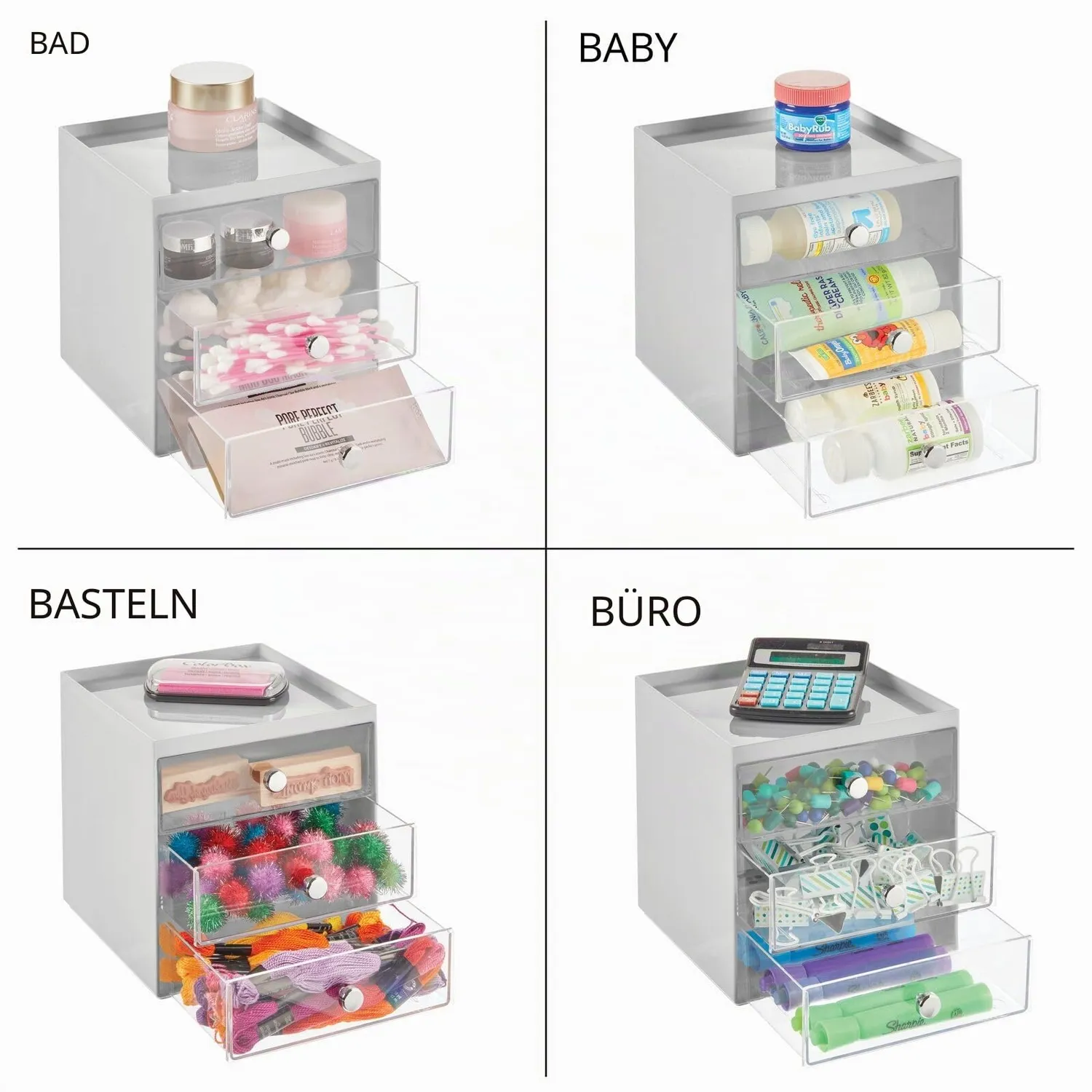 mDesign Make-up Organizer Box grau 3 Schubladen
