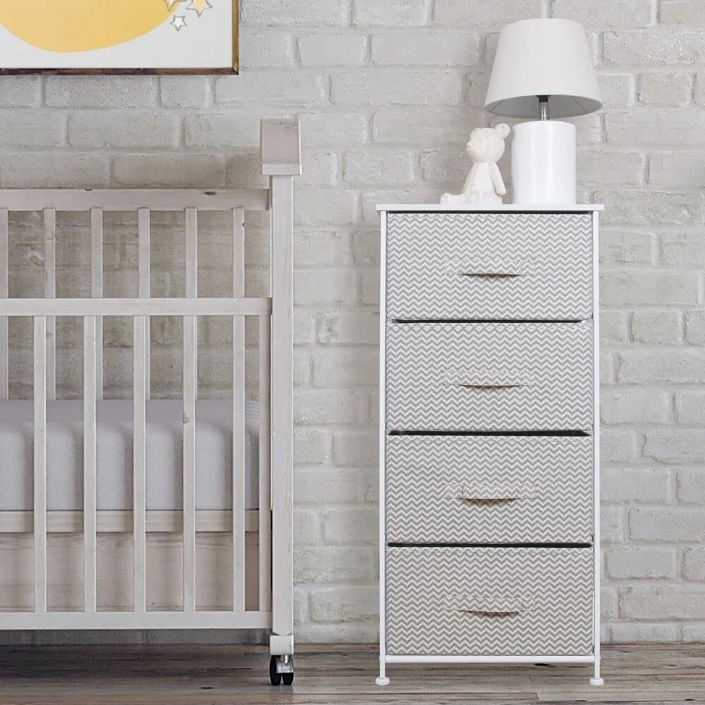 mDesign Kommode mit 4 Schubladen Stoffschrank Taupe-Weiß Zickzack