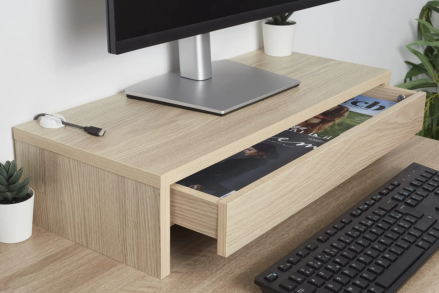 Iris Ohyama MS-590D Monitorständer Hellbraun mit Schublade