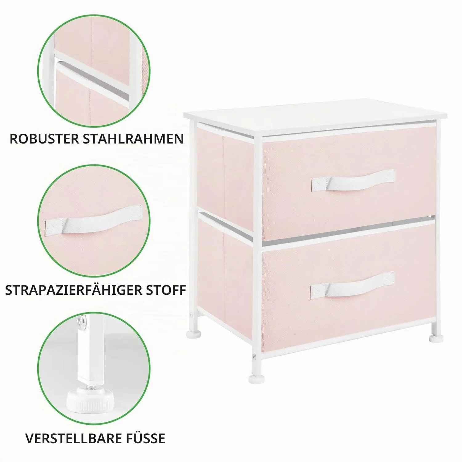 mDesign Nachttisch 2 Schubladen Rosa Weiß Stoff