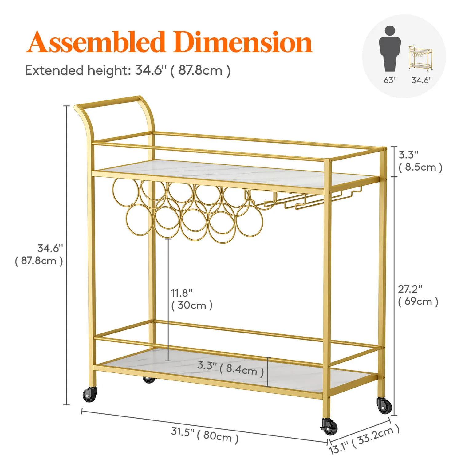 Lifewit Barwagen Gold Marmor Servierwagen 2 Etagen Wein
