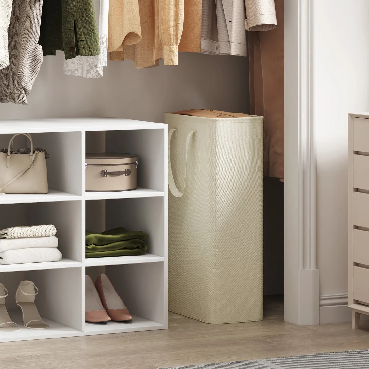 Lifewit Wäschekorb 65L schmal faltbar Beige mit Griff