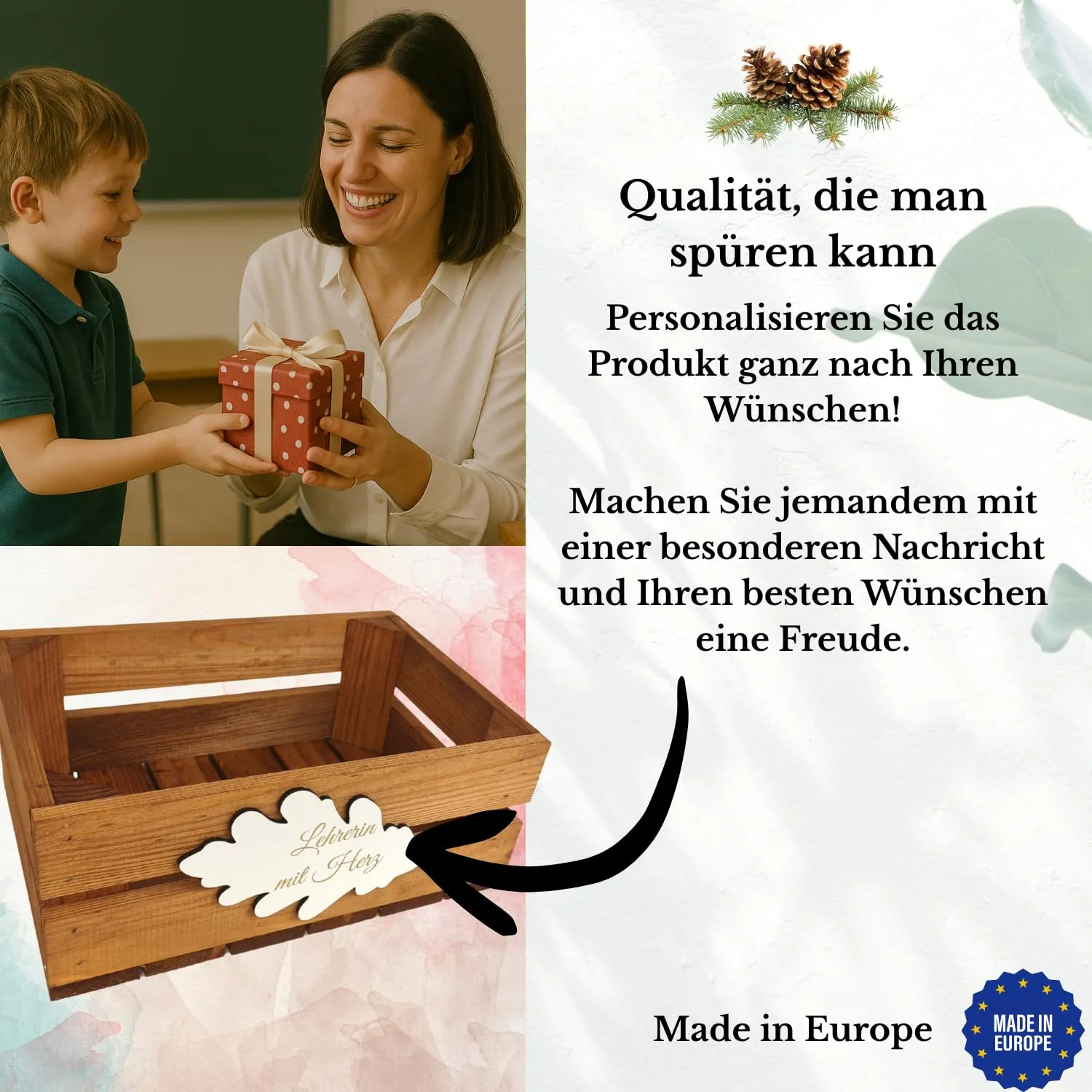 GoodFreshDecor Holzbox mit Deckel 30x20x12 cm Wunschtext braun