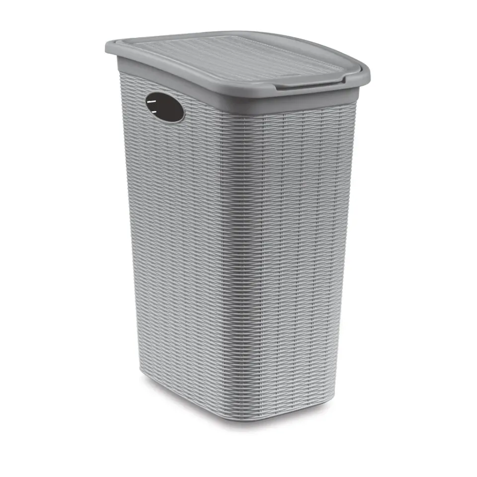 Kreher Wäschesammler XL 36 Liter Rattan-Optik Grau mit Deckel