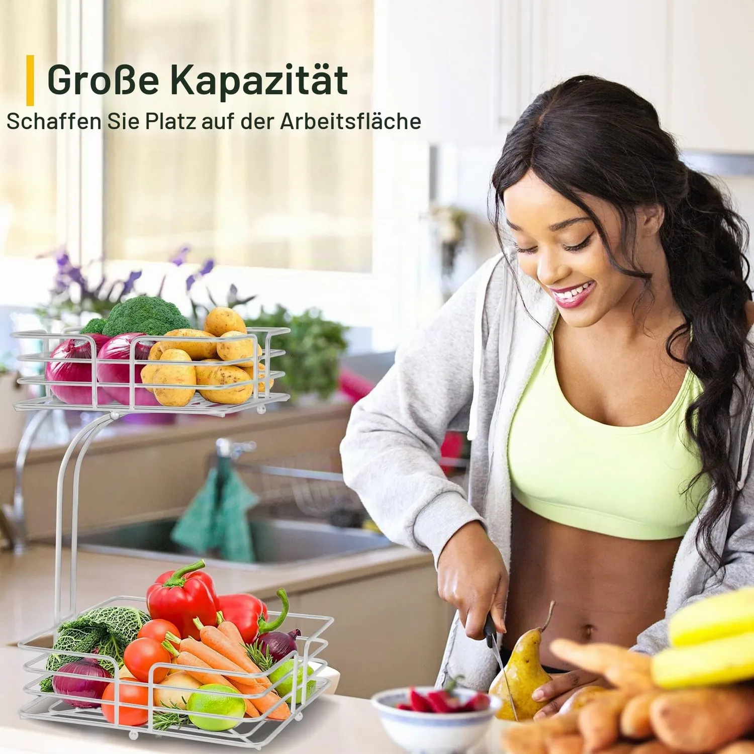 BOMCLAP Obstkorb 2 Etagen Metall Obstschale mit Bananenhalter silber