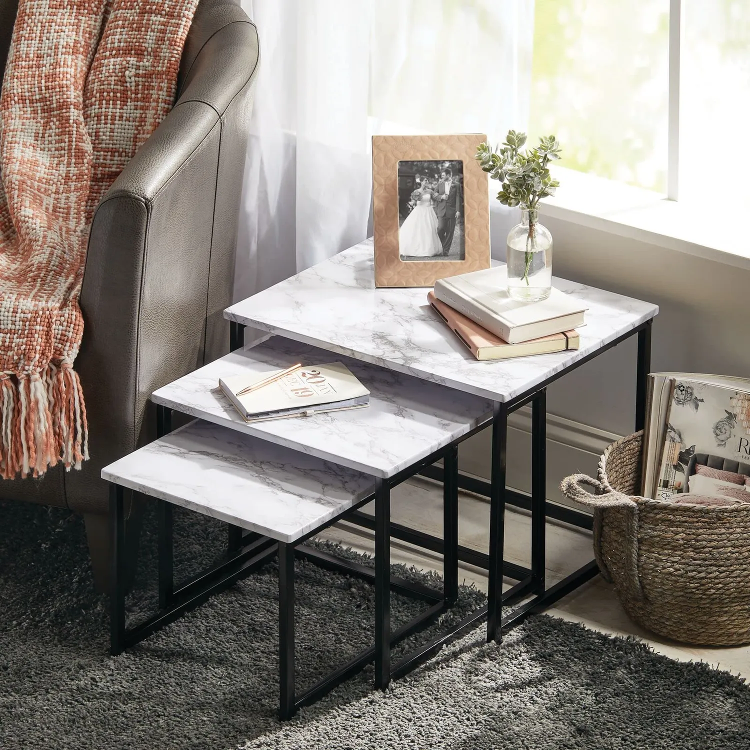 mDesign Couchtisch 3er-Set Marmor schwarz Industrial Holz