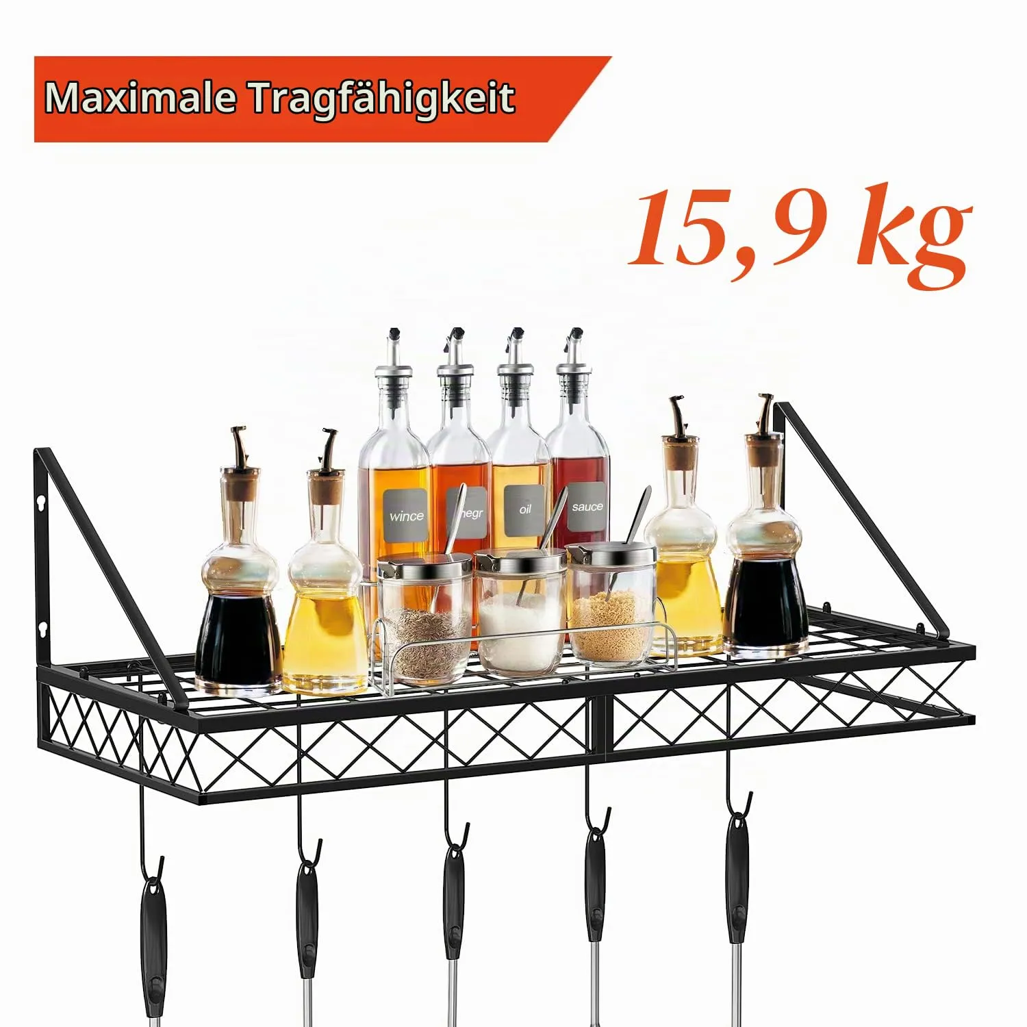 BOMCLAP Küchenregal Pfannenhalter Eisen schwarz 70 cm mit 10 Haken