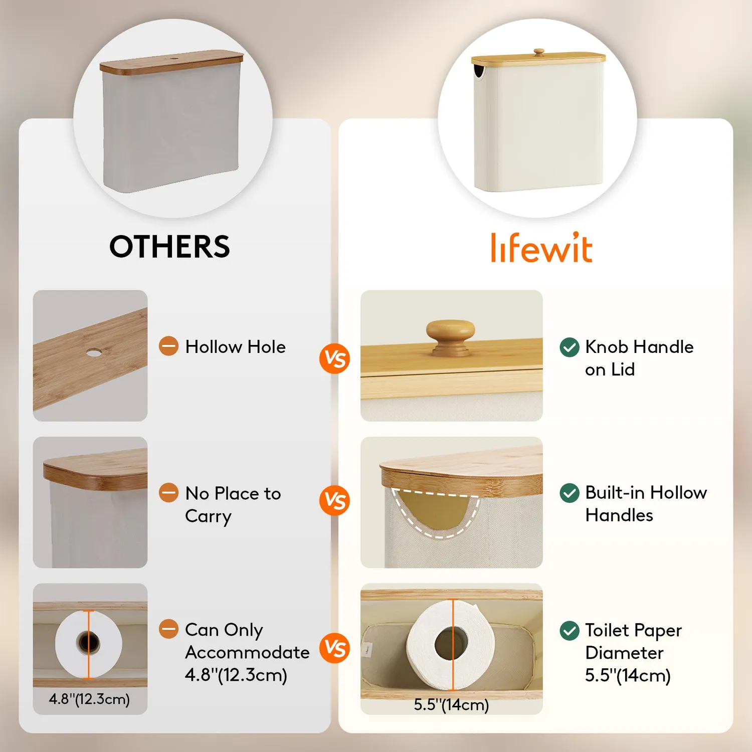 Lifewit Bambus Toilettenpapierkorb Aufbewahrungskorb Weiß 23L