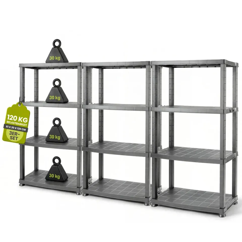 Kreher Neo Kunststoffregal 4 Böden 3er Set Grau 30 kg
