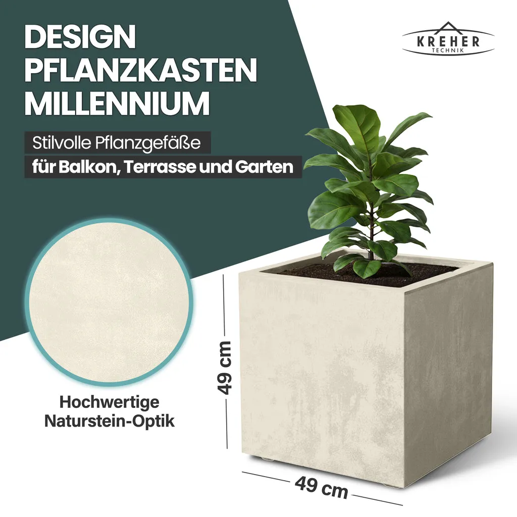 Kreher Millennium Pflanzkübel 80 Liter eckig creme rollbar