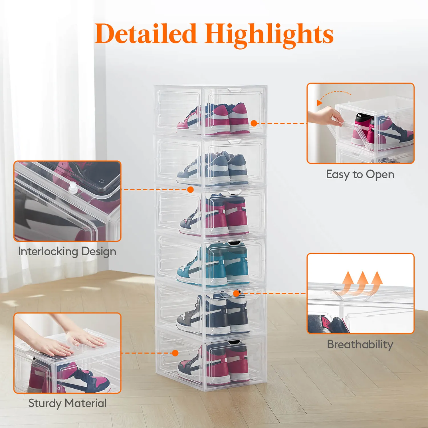 Lifewit Schuhbox stapelbar 6er transparent für Schuhe bis Gr. 46