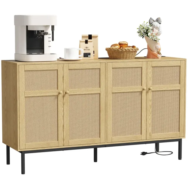 Lifewit Rattan Sideboard 4 Türen Natur mit Steckdose