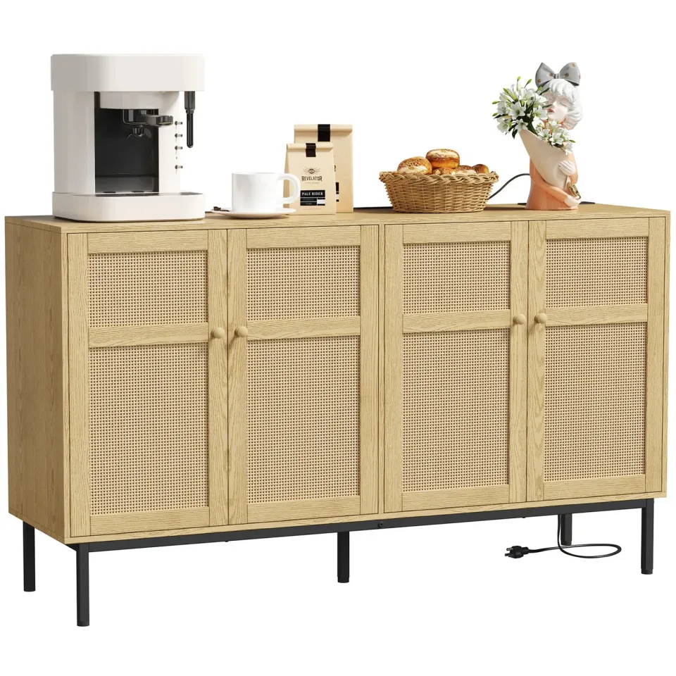 Lifewit Rattan Sideboard 4 Türen Natur mit Steckdose