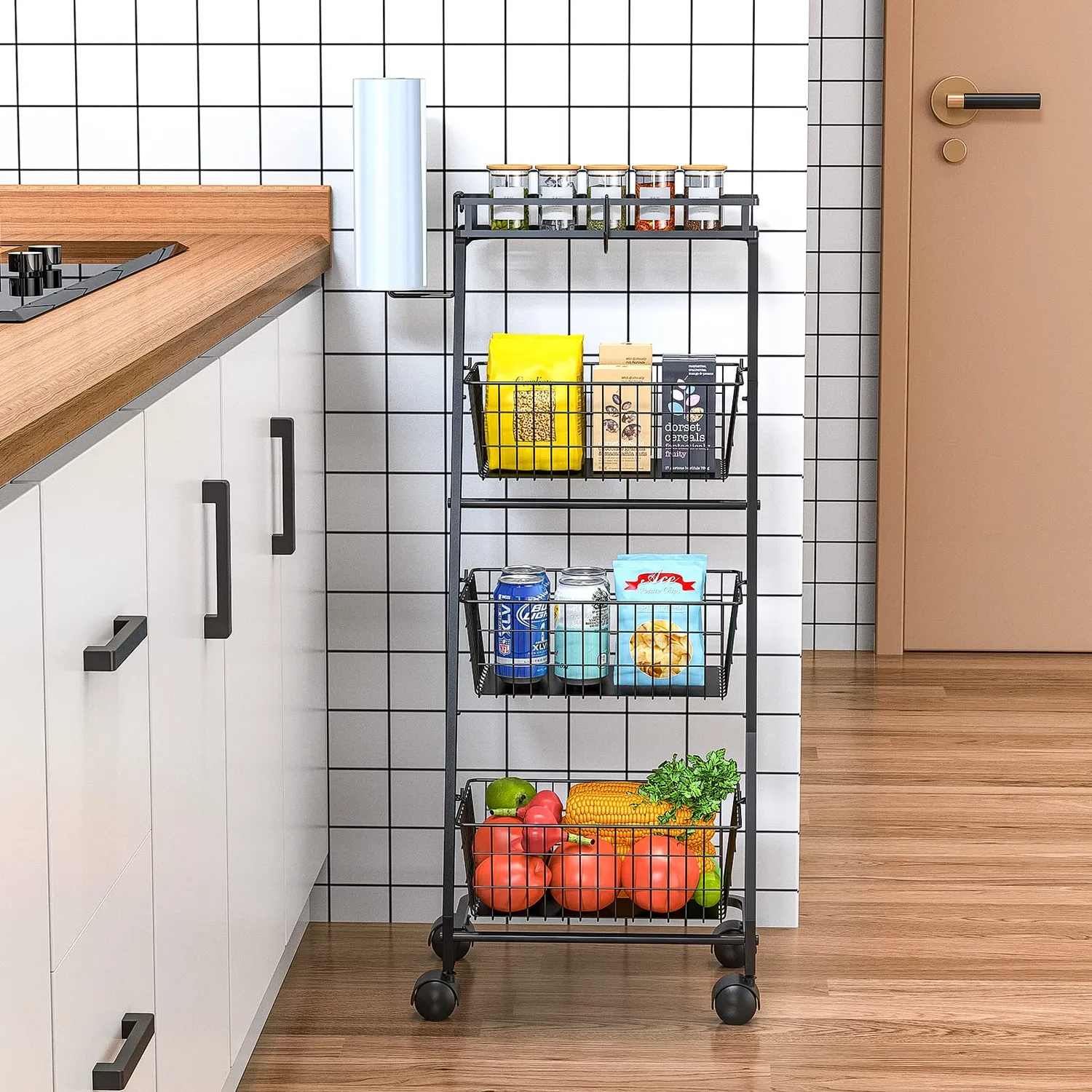 BOMCLAP Obst Etagere Obstkorb 4-stöckig schwarz mit Rollen