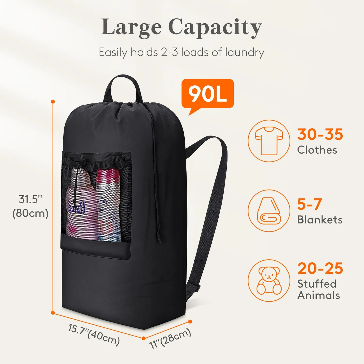 Lifewit Wäschesack 90L Schwarz Rucksack waschbar