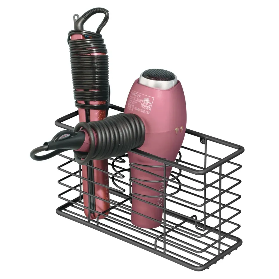 mDesign Fönhalter Metall Wand-Organizer 3 Fächer schwarz