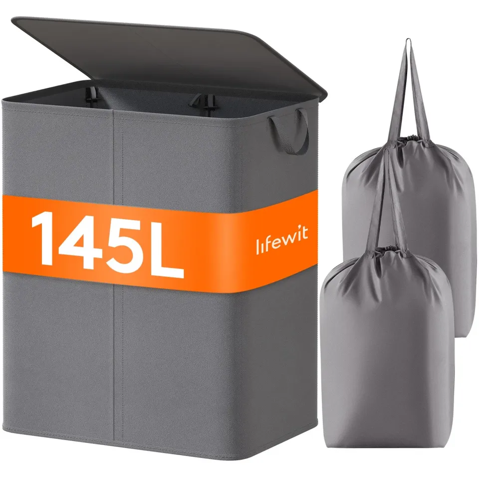 Lifewit 145L Wäschekorb mit Deckel Grau 2 Fächer