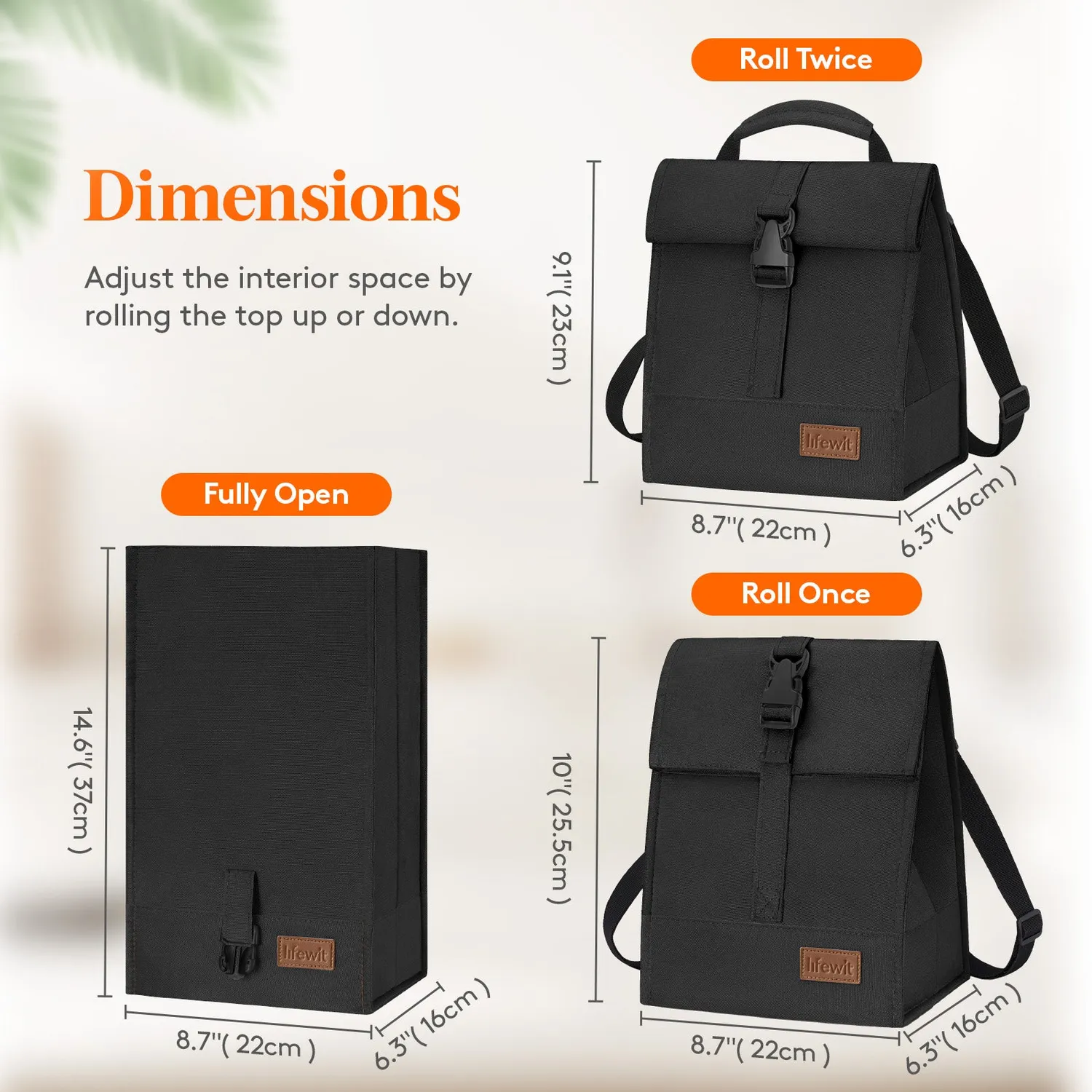 Lifewit Lunchtasche Rolltop isoliert Schwarz 8L