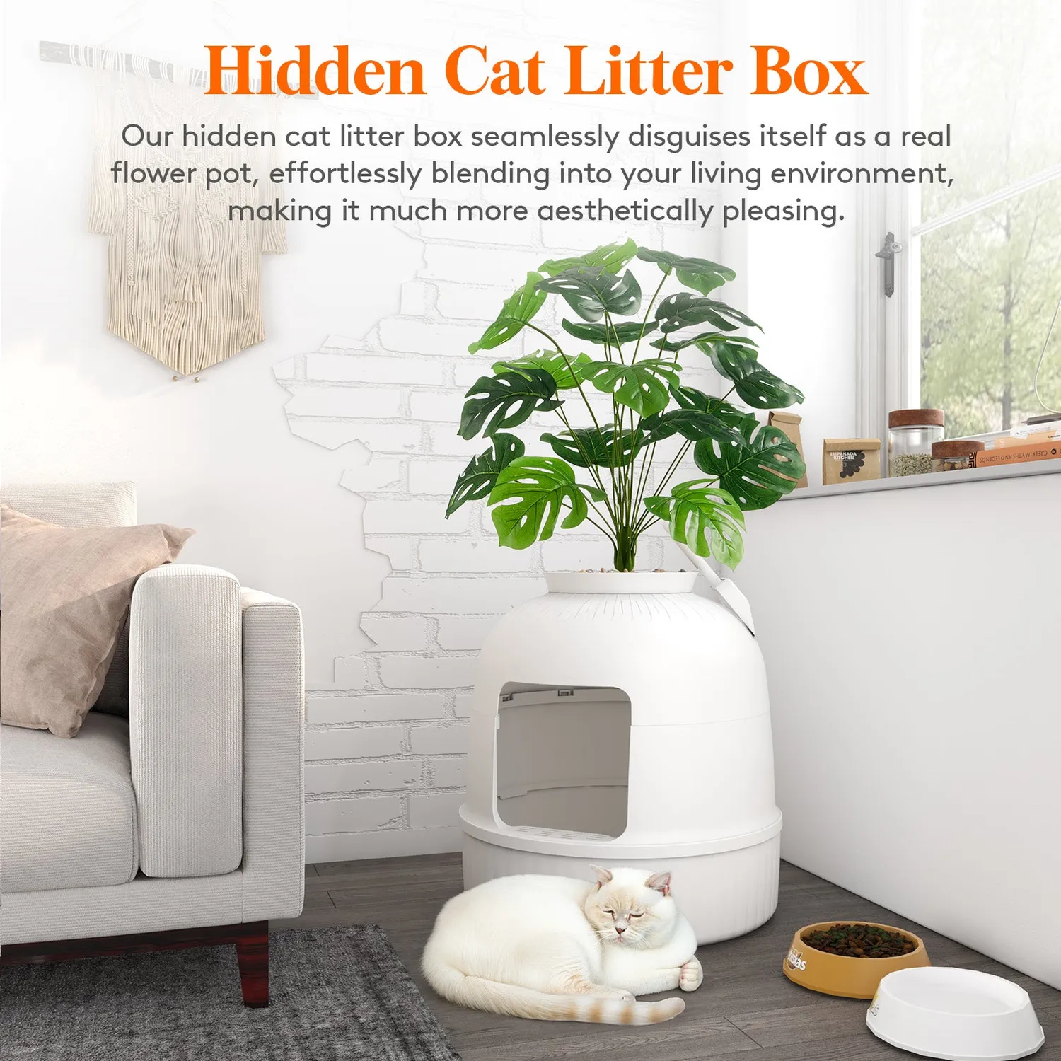 Lifewit Katzentoilette Möbel Weiß mit Pflanzen 70cm