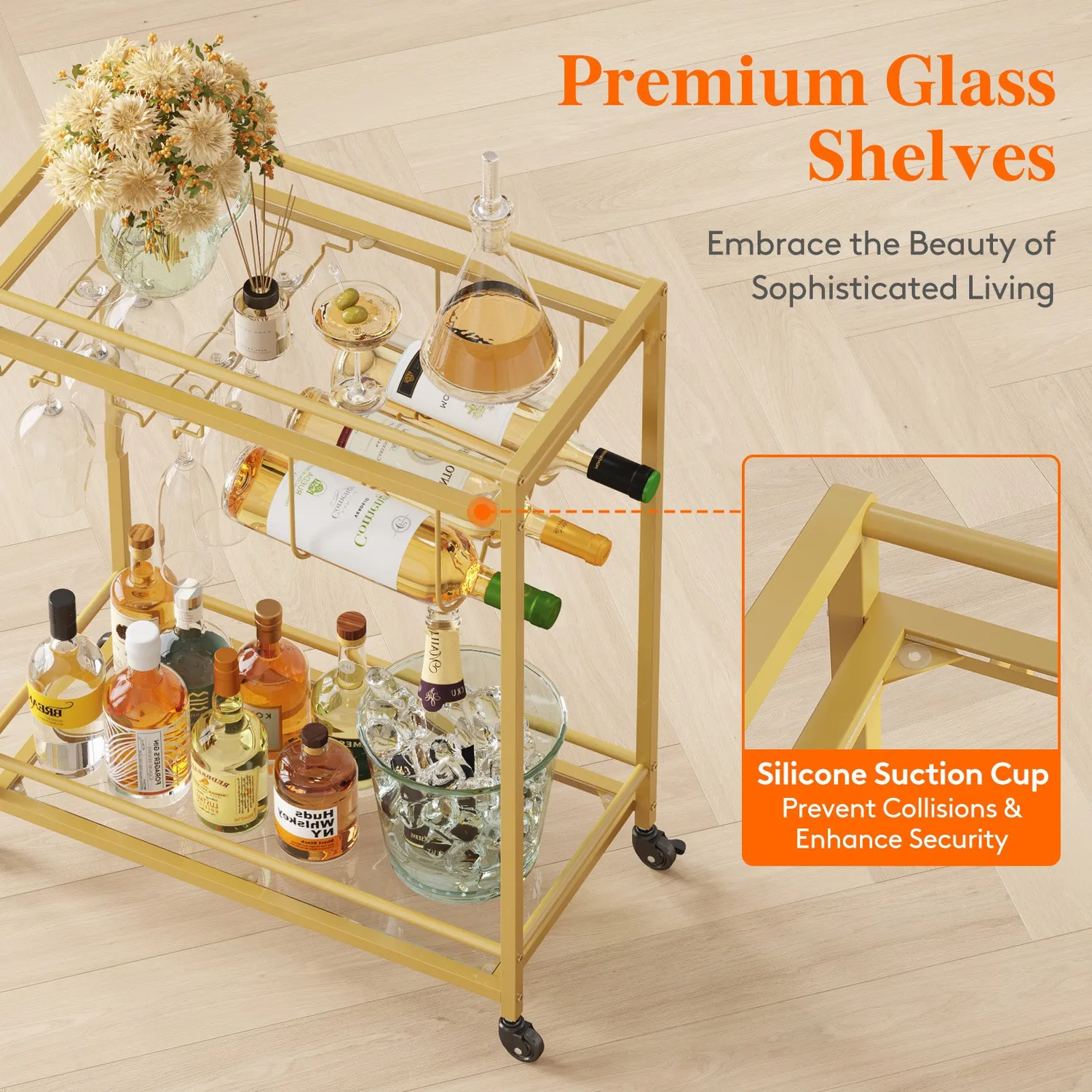 Lifewit Servierwagen Glas Gold 60 cm 2-stöckig