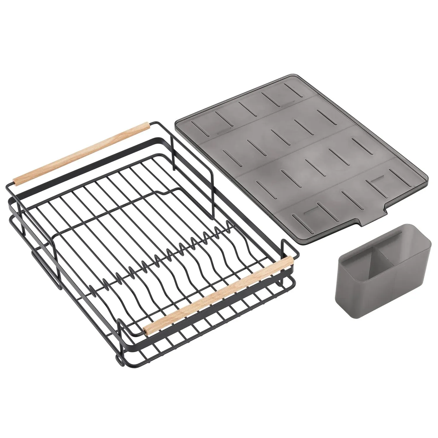 mDesign Geschirrabtropfer Metall mattschwarz mit Holzgriffen