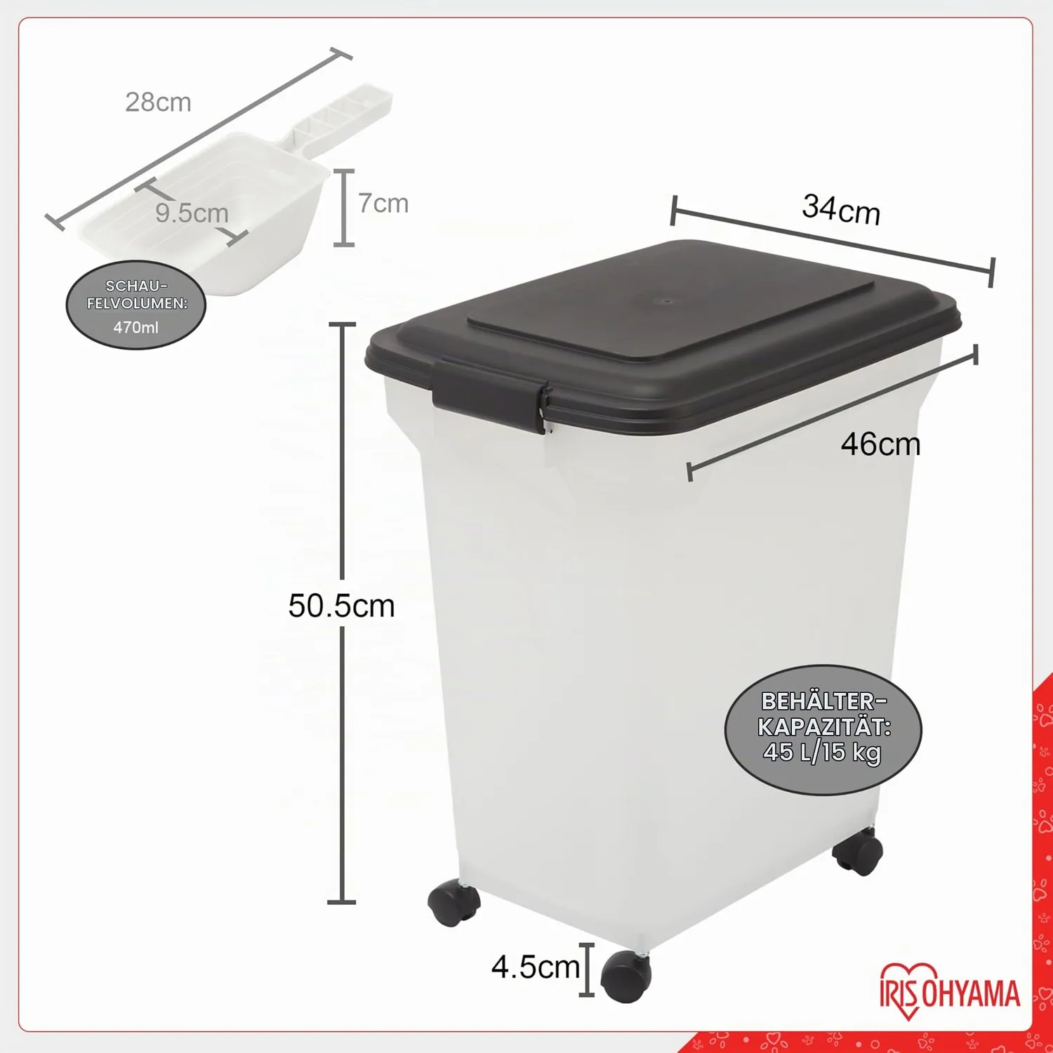 Iris Ohyama ATS-L Futterbox schwarz 40L mit Rollen luftdicht
