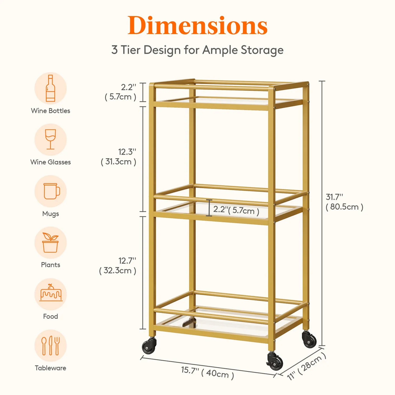 Lifewit Servierwagen Gold Glas 3-stöckig mit Rollen