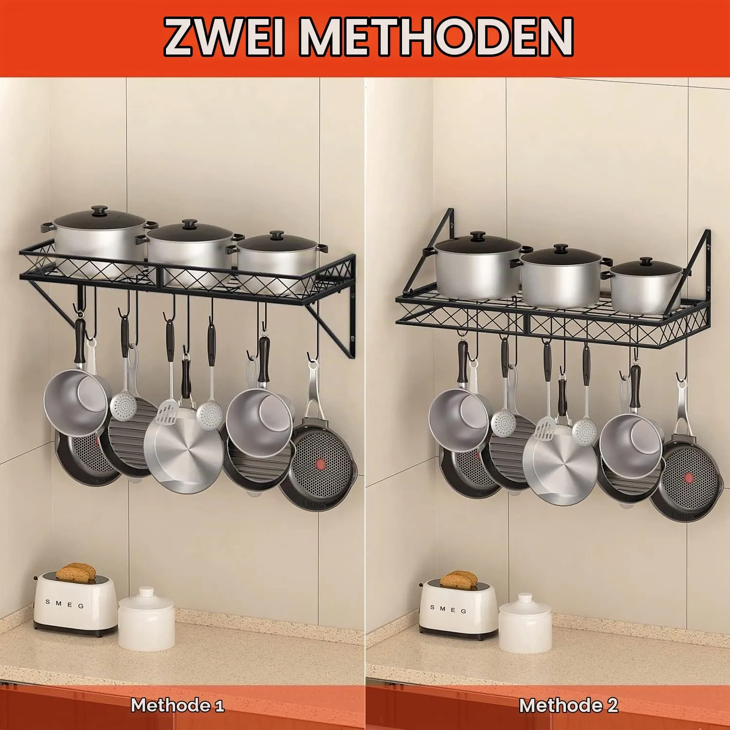 BOMCLAP Küchenregal Pfannenhalter Eisen schwarz 70 cm mit 10 Haken