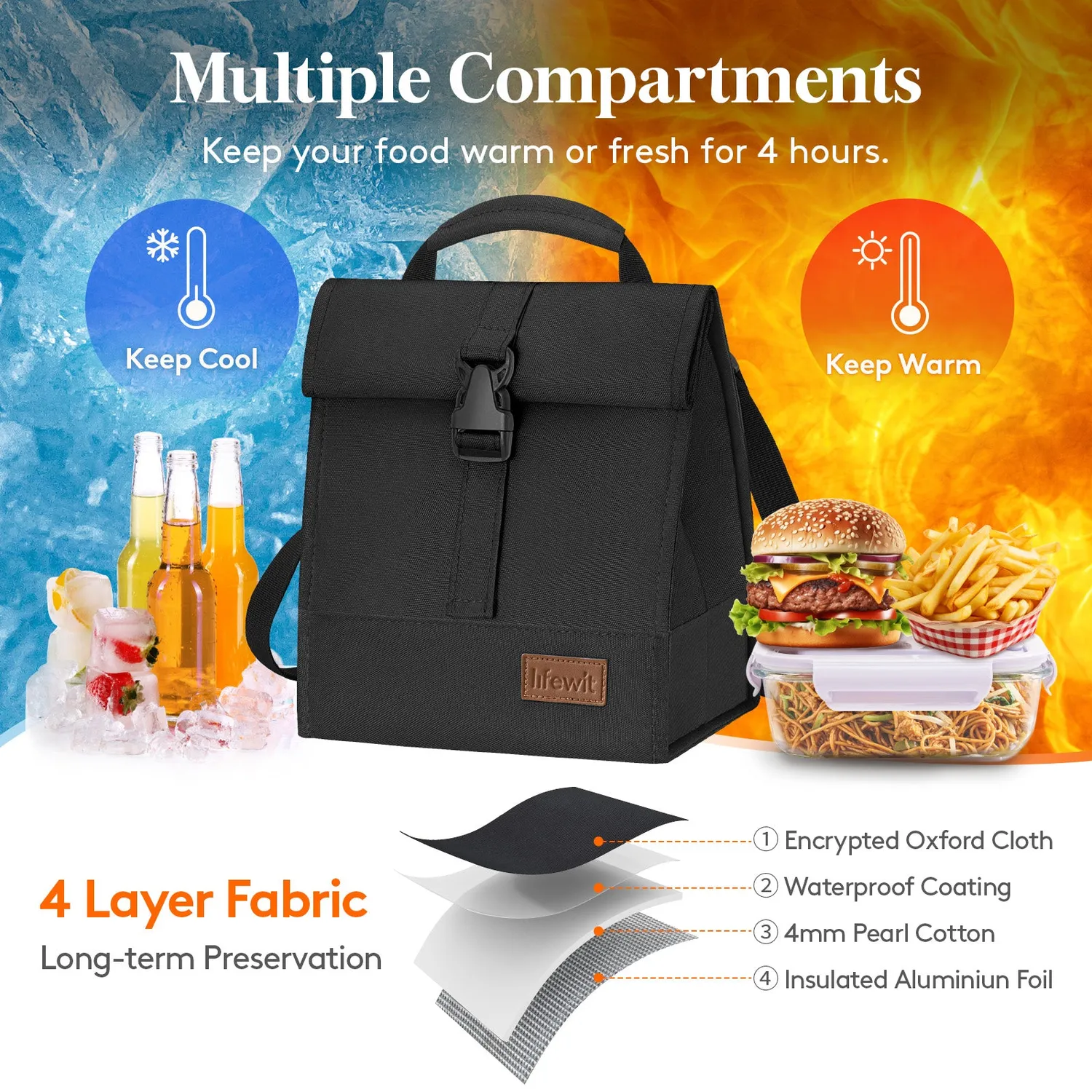 Lifewit Lunchtasche Rolltop isoliert Schwarz 8L