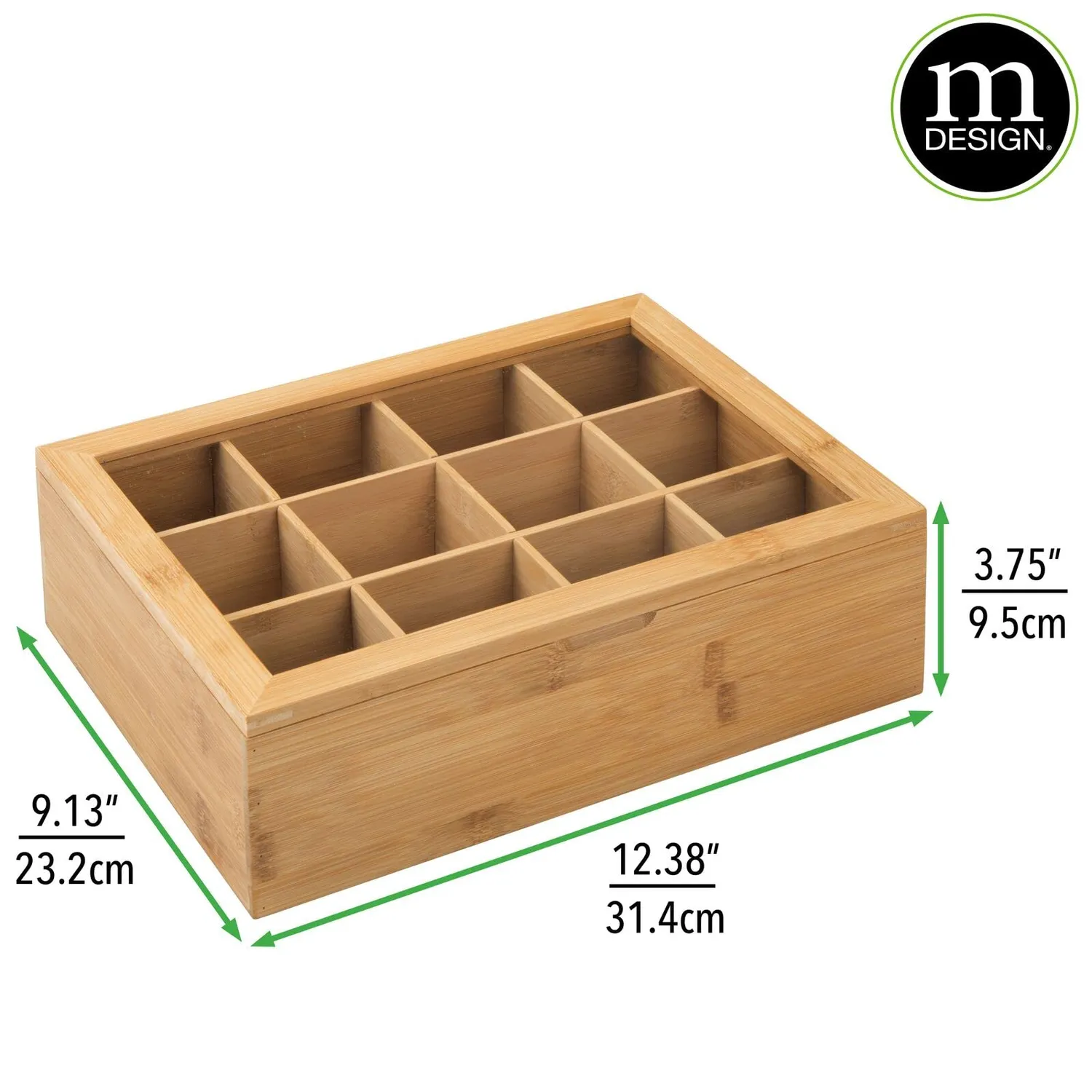 mDesign Teebox Teekiste Holz 12 Fächer bambus mit Sichtfenster