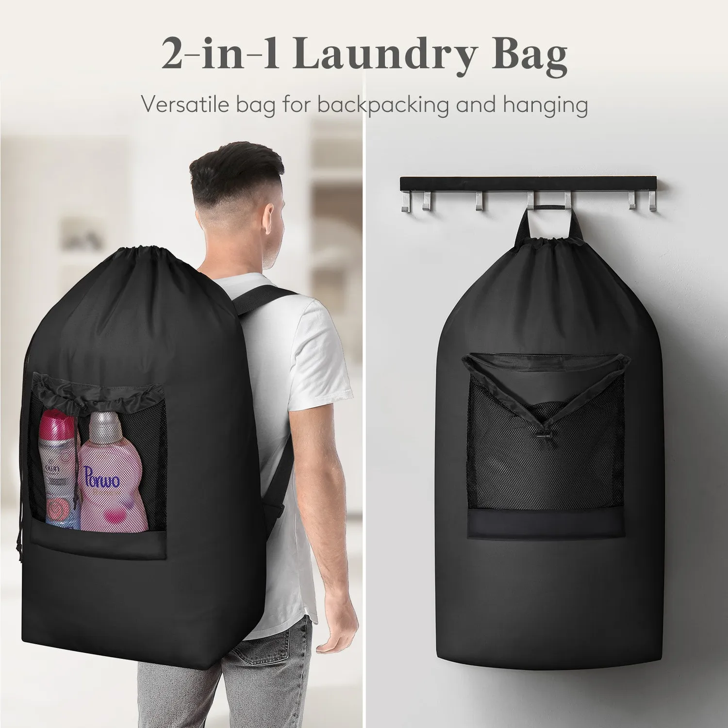 Lifewit Wäschesack 90L Schwarz Rucksack waschbar