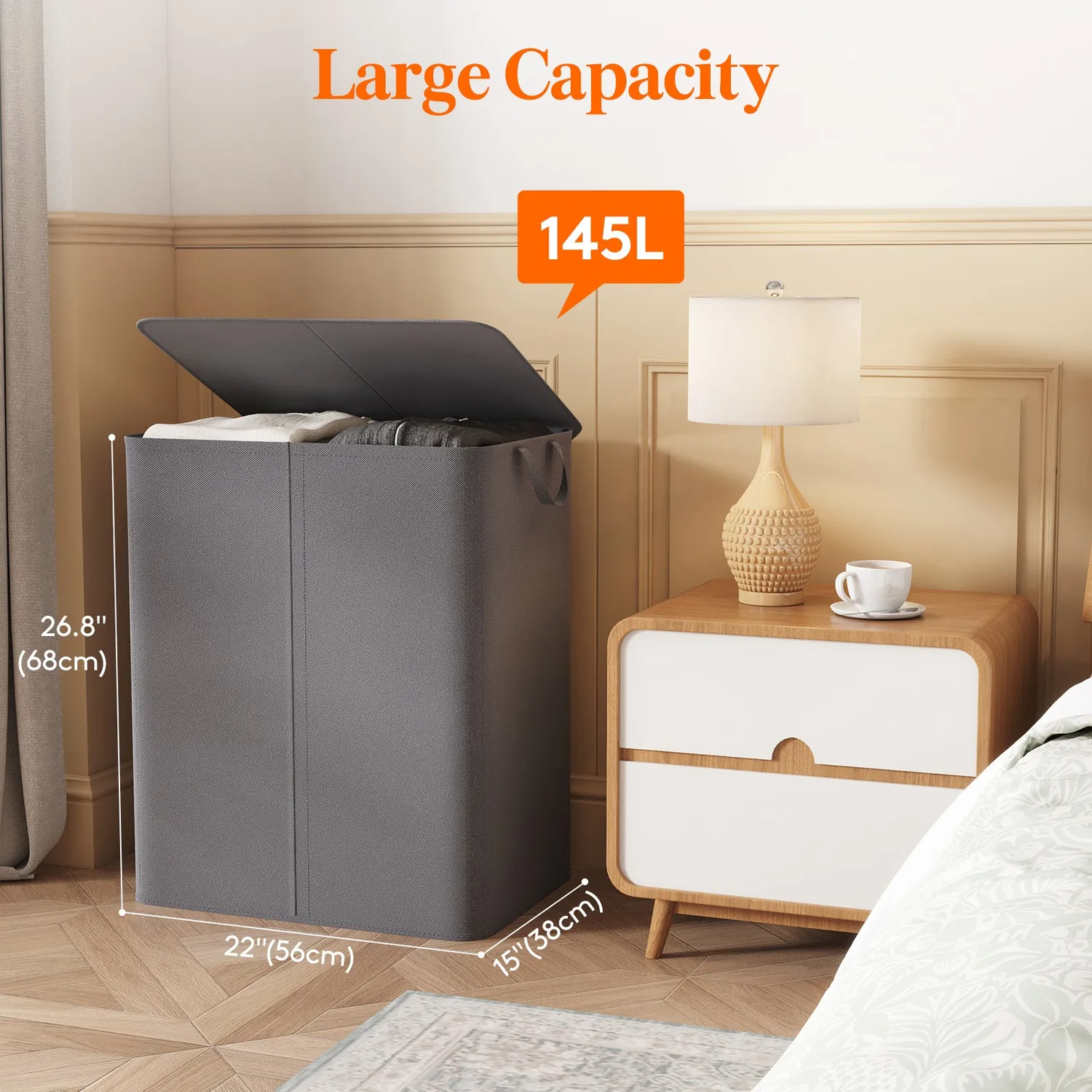 Lifewit 145L Wäschekorb mit Deckel Grau 2 Fächer