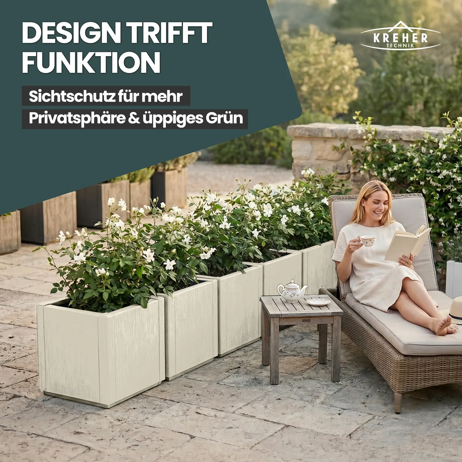 Kreher Ethica Pflanzkasten Schmal Beige 35 Liter Struktur